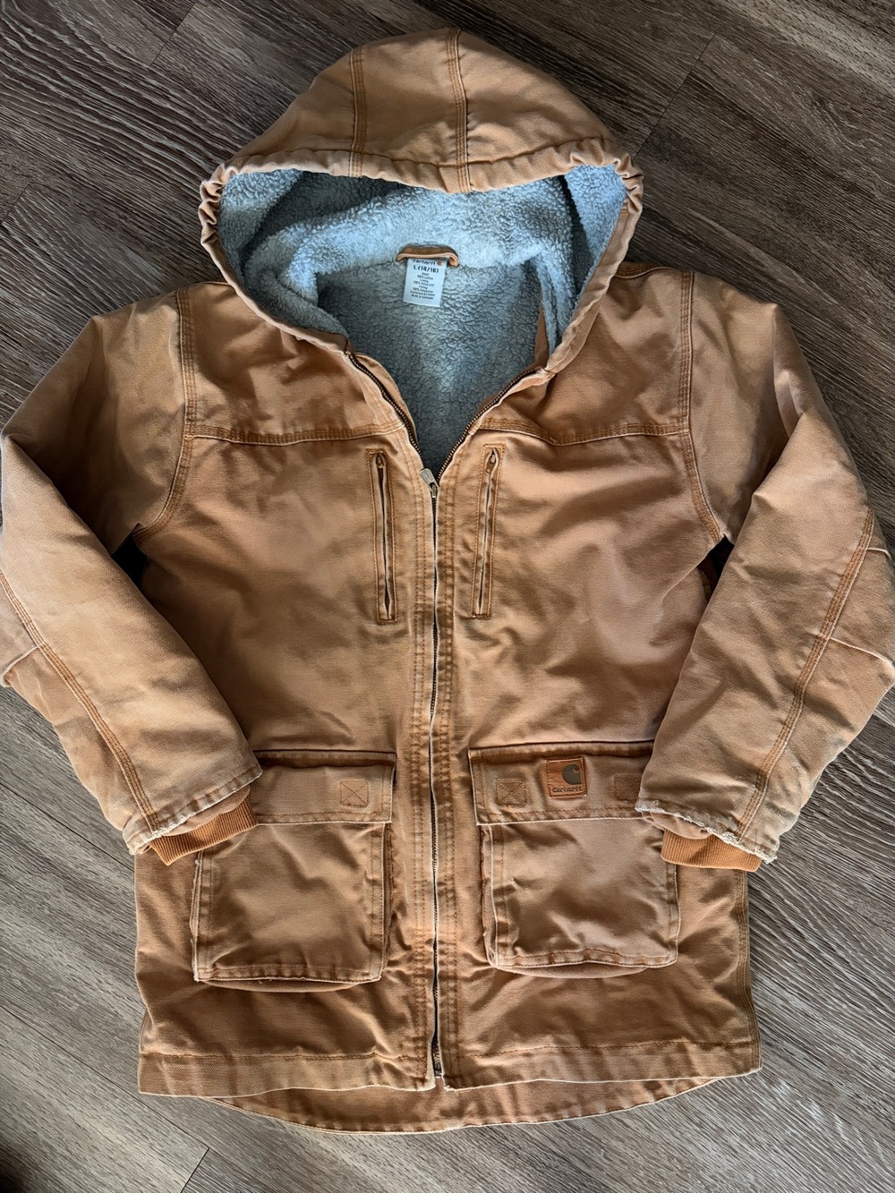 Kids Tan Fleece-Lined Hooded Jacket Large